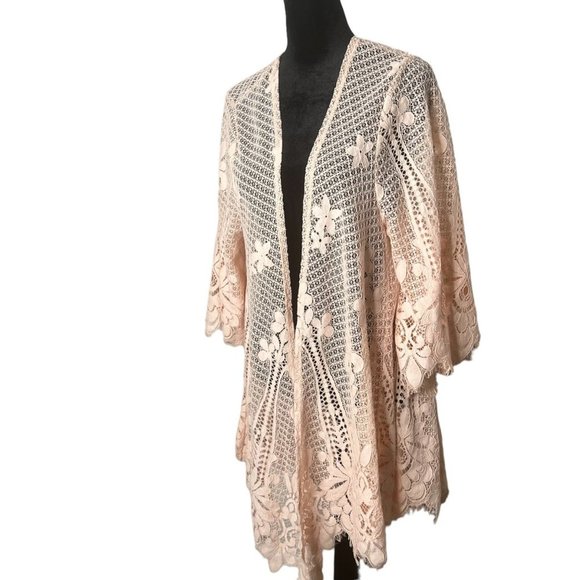 Torrid Size 00/0 M/L Scalloped Lace Kimono Pale Blush Pink Swim Cover Up Crochet - Picture 3 of 10
